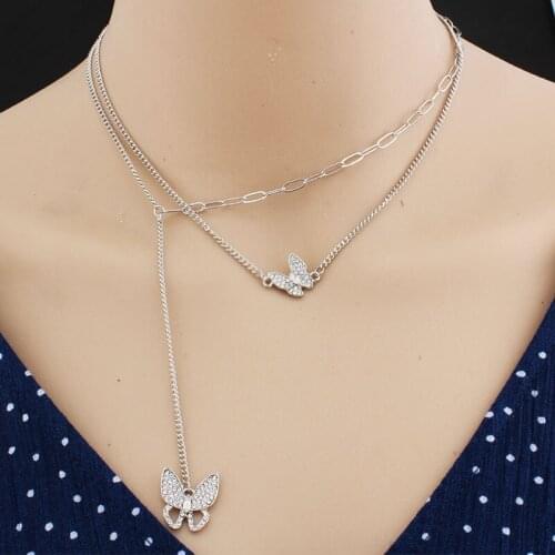 Women Jewelry Butterfly Pendant Necklace Female Rhinestone Shining Statement Crystal Charm Choker Necklace