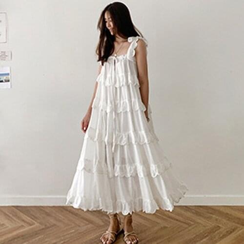 White Maxi Dress Women Holiday Vacation Beach Dress 2020 Boho Chic Sexy Ruffles Cake Layers Loose White Long Sundress