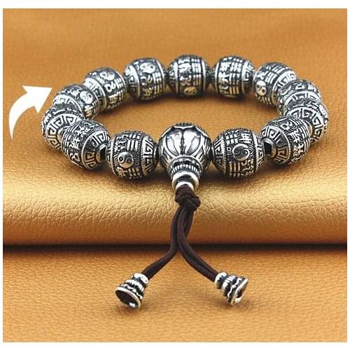 Handmade 100% 925 Silver Fengshui Bagua Taichi Symbols Beads Bracelet Pure Silver Good Luck Symbols Wrist Mala Bracelet