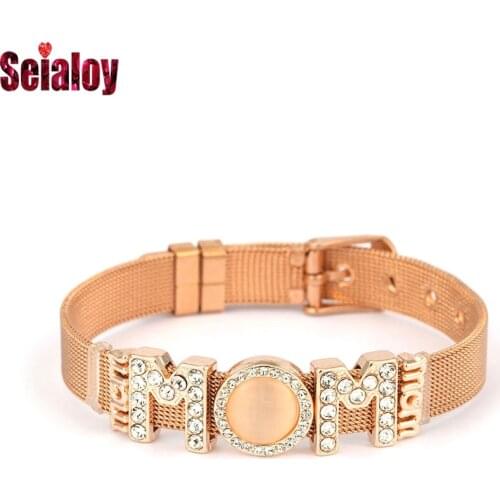 Seialoy Rose Gold MOM Charm Mesh Bracelets For Women Original English Alphabet Beads Stainless Steel Bangle Mothers Day Gift