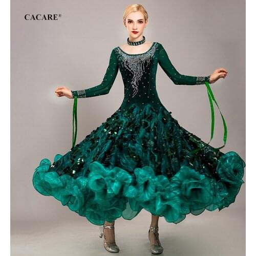 CACARE Ballroom Dance Competition Dresses Waltz Dress Standard Dance Dresses D0399 with Sequins Rhinestones Fluffy Big Hem