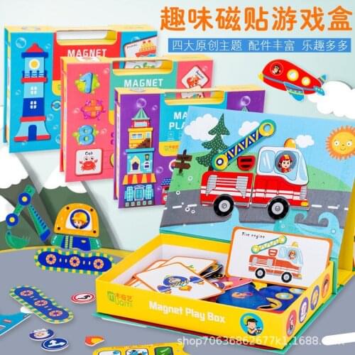 Wooden Children Magnetic Puzzle Game Box Toy Early Education Cognitive Traffic Building Biology Digital Letter Teaching Aid