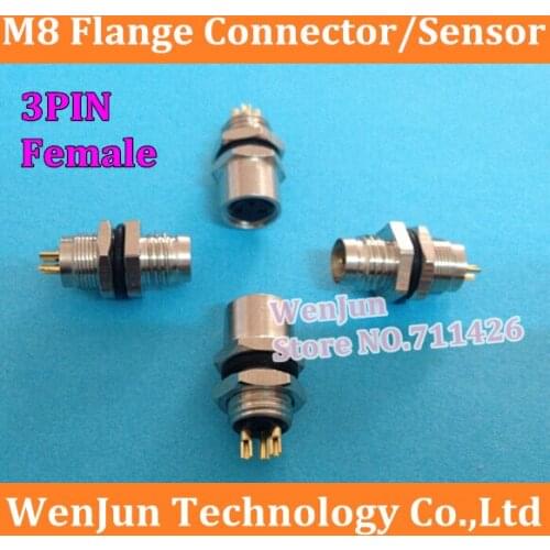 Free Shipping M8 flange / socket 3 core 3 Pin Female connector ,3PIN sensor hole type / wall panel High Quality 100PCS/LOT