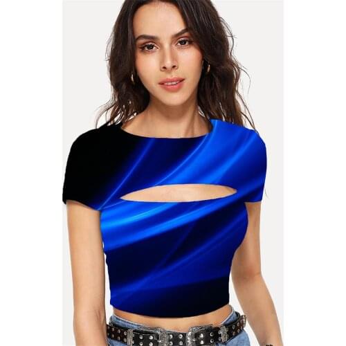 Somepet Abstract T shirt Women Psychedelic Navel Bare Art Hollow Out T shirts Dark Blue Tshirts Casual Short Sleeve Sexy New