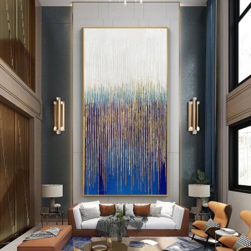 Handmade Oil Painting on Large Mural Canvas Vertical Abstract Blue Gold Foil Decorative Painting Living Room Wall