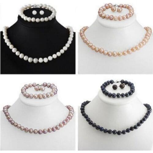 Fashion jewelry Free Shipping Genuine 8-9mm Freshwater Cultured Pearl Necklace Bracelet & Earrings Set 18" 7.5