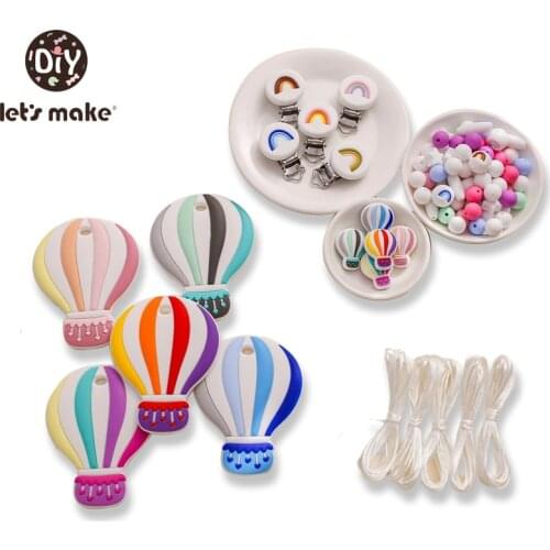 Lets Make Silicone Hot Air Balloon Beads Set Wooden Food Grade BPA DIY Accessories Set Pacifier Chain Clips Nylon Rope
