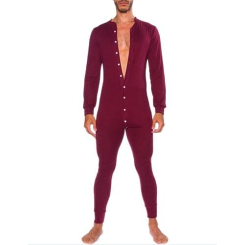 Buttons Nightgown Solid Sleep Leisure Jumpsuits Sleepwear Men Long Sleeve V Neck Rompers Homewear 2XL