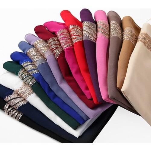 Solid Color Bubble Chiffon Muslim Head Shawl Wrap Shimmer Sparkle Gold Glittering Rhinestones Scarf For Women Sequin Shiny Hijab