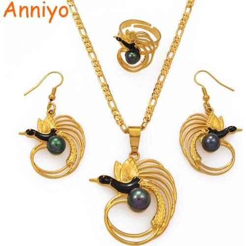 Anniyo Green Black Pearl Bird Necklace Earrings Ring Sets for Women Gold Color Papua New Guinea PNG Wedding Jewelry #196806