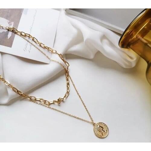 OEING New Necklace For Women 2021 Fashion Jewelry On The Neck Double Layer Metal Chain Necklaces And Pandants Female