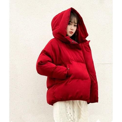 Women Short Loose Parkas Warm Winter Jacket Coat Red Cotton-padded Hooded Outerwear Autumn Thicken Clothing Orwindny