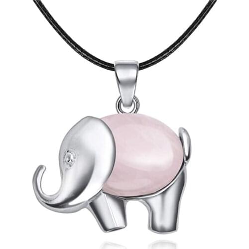 Silver Plated Elephant Shape Green Aventurine Pendant Rope Chain Necklace Rose Pink Quartz Jewelry