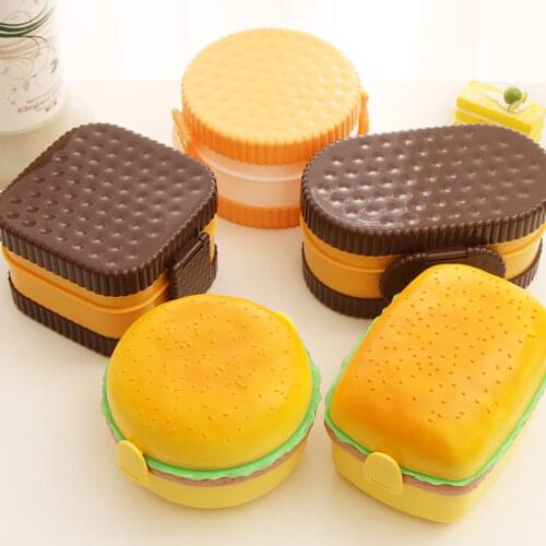 New Hamburger Lunch Box Double Tier Cute Burger Bento Box Lunchbox Children School Food Container Fork Tableware Set ланч бокс