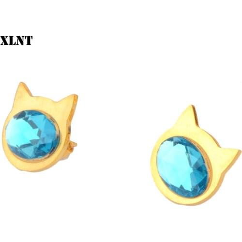 XLNT Stud Earrings For Women Girls Cute Cat CZ Crystal Children Earrings Stainless Steel Jewelry