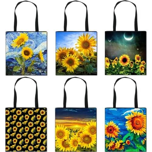 Van Gogh Sunflower Starry Night Casual Tote Bag Women Canvas Shoulder Bag Ladies Fashion Handbag Large Capacity Shopping Bags