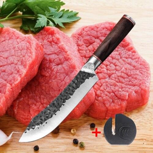 High Carbon Steel Chef Knife Meat Cleaver Slaughtering Knife Forged Steel Slicing Boning Kitchen Knives with Knife Sharpener