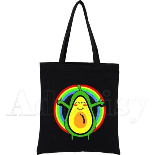 Vegan Avocado Ladies Handbags Canvas Tote Bag Shopping Travel Women Eco Reusable Shoulder Shopper Bags bolsas de tela Black