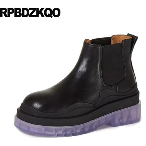 Genuine Leather Women Ankle Boots 2021 Round Toe Celebrity Short Platform Shoes Muffin Flatform Chelsea Japanese Booties Slip On