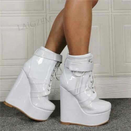 BERZIMER Platform Wedges Women Ankle Boots Shiny White Booties Height Increase Botas Ladie Shoes Woman Large Size 41 42 50 52