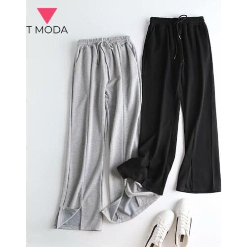 T MODA 2021 Summer Autumn Wide Leg Knitting Sweatpants Women Cotton Slit Hem Jogger Sports Pants Jogging Leisure Trousers