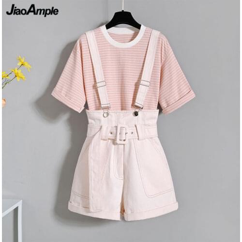 2021 Summer Korean Fashion Striped T-shirt Overalls Set for Women Leisure Joker Girls Student High Waist Shorts Clothing Sets