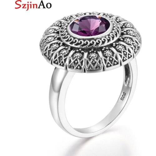 Szjinao Amethyst Ring Flower Round Women 925 sterling silver Engagement Ring Vintage Carve White Gold Ring 2020 Brand Jewelry