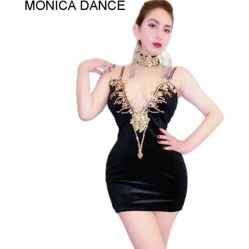 Women Sexy Stage Rhinestones Black Velvet Deep Dress Nightclub Djds Wedding Birthday Party Crystal Outfit Singer Dancer Costume