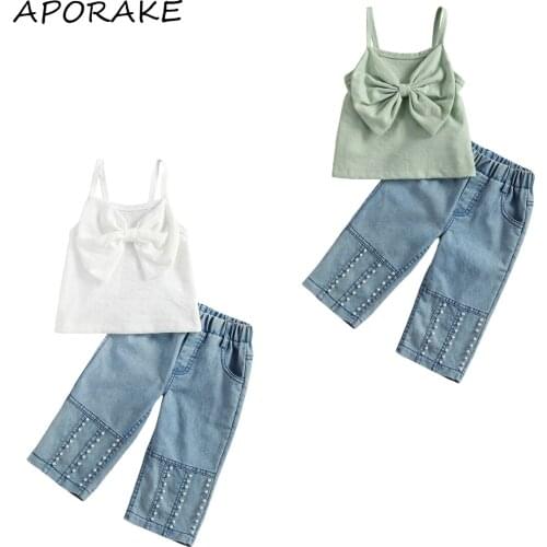2021 1-6Y Infant Casual Baby Girl Clothes Bowknot Tank Top Solid Vest+ Beaded Pearls Denim Pants with Slant Pockets Summer 2pcs