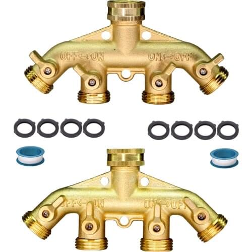 3/4 Inch All Brass Garden Hose Splitter 4 Way BSP NPT Thread Irrigation Connector Heavy Duty Shut Off Solid Switcher 4 Valves