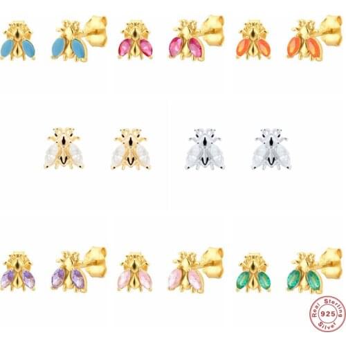 BOAKO 925 Sterling Silver Rainbow Zircon Wing Bees Stud Earrings For Women Luxury Animal Ohrringe Piercing Pendiente Fine Jewel