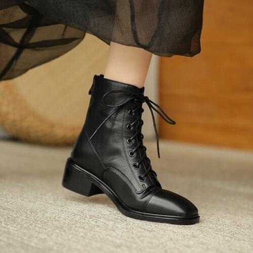 QZYERAI Women Winter Genuine Leather Ankle Boots Women Boots Wear-resistant Beef Tendon Bottom Motorcycle Boots