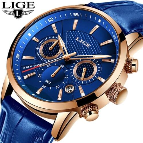 2020 Men Watch LIGE Top Brand Blue Leather Chronograph Waterproof Sport Automatic Date Quartz Watches For Mens Relogio Masculino