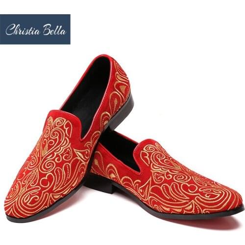 Christia Bella Embroidered Gold Floral Design Men Velvet Shoes Fashion Men Smoking Slippers Male Wedding and Party Loafers