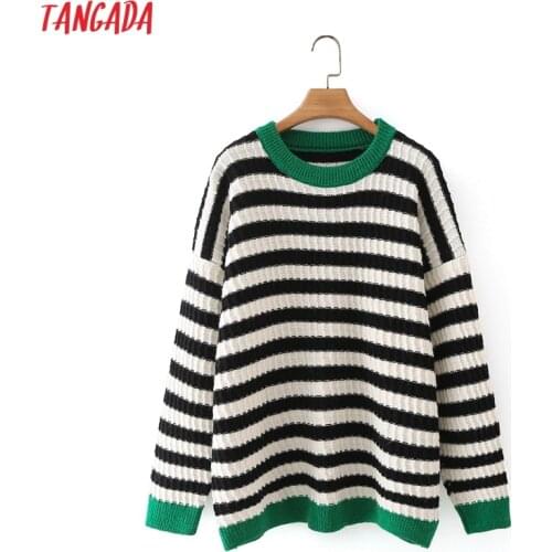 Tangada Women 2021 Autumn Winter Striped Knitted Sweater Jumper Female Oversize Pullovers Chic Tops 4T158