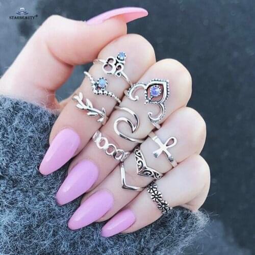 Starose 10pcs Heart Cross Ring Leaf Flower Finger Rings Lady V Toe Ring Set Wedding Ring Toe Rings for Women Piercing Jewelry
