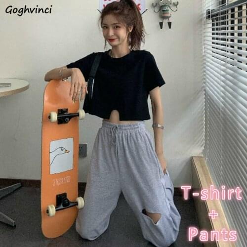 Women Sets Solid Holes Leisure Chic Designed Crop Tops Elastic Waist Pants Loose Hip-hop Harajuku Simple Korean Style New Trendy
