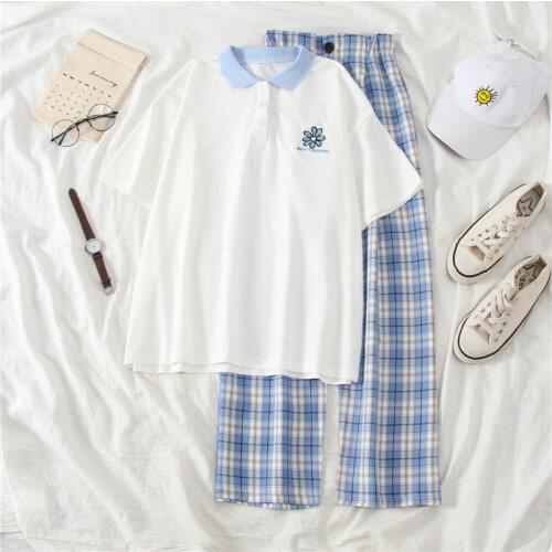 Suit Female Summer Ins Korean Student White Polo Shirt + Fashion Plaid Pants Casual Two-piece Suit