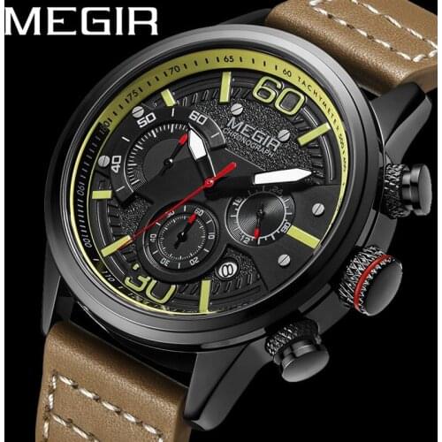 MEGIR New Watch Men Waterproof Chronograph Military Army Male Clock Top Brand Luxury Leather Business Man Sport Wristwatch 2110