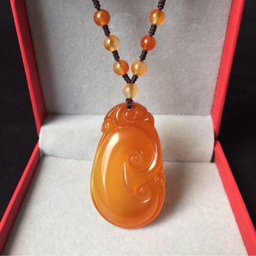 Natural Brazil Red Chalcedony Good luck Theme Jade Pendant With Bead Necklace Nice Woman Ornament*Free Gift Box