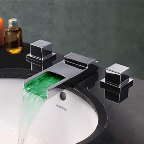 Contemporary Chrome Finish Widespread LED Waterfall Bathroom Sink Faucet Basin Mixer Tap