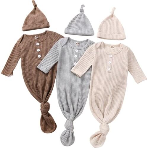 2pcs Newborn Baby Girls Boys Sleeping Bag + Hat Button Solid Color Long Sleeve Homewear 3 Colors