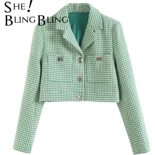 SheBlingBling Za Woman 2021 Casual Traf Crop Tops Autumn Tweed Woolen Metal Buttons Houndstooth Jacket Slim Female Green Coats