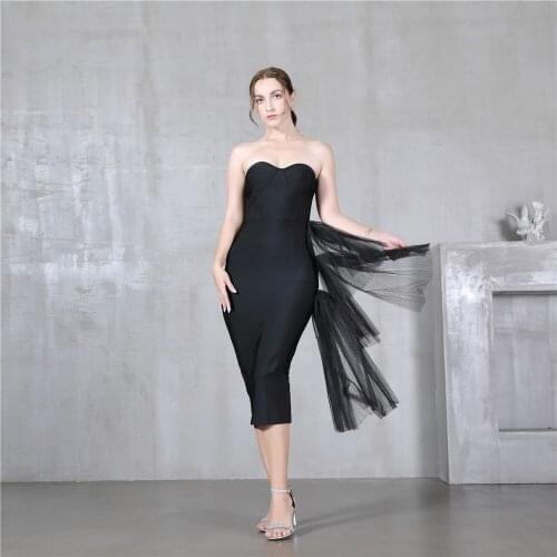 2021 New Black Strapless Bandage Dress Sexy Bodycon Clothes Women Mesh Club Evening Party Elegant Midi Dresses