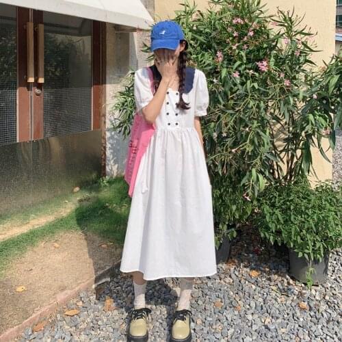 Woman Dress Lapel White Short-sleeved Dress Female Summer New Korean Style High Waist Slim Mid-length Skirt