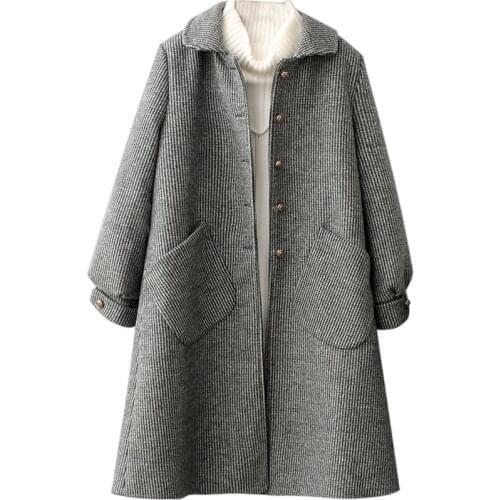 2019 Autumn Winter Wool Women Plaid Pockets Blends Office Work long wool coat Fashion Lady Slim Lapel Long Sleeve abrigo mujer