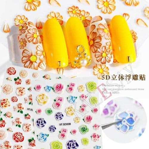 5D Engraving Flower Label Glitter Nail Sticker Acrylic Nail Sticker Embossed Flower Adhesive Nail Decoration Carved Nail Decal