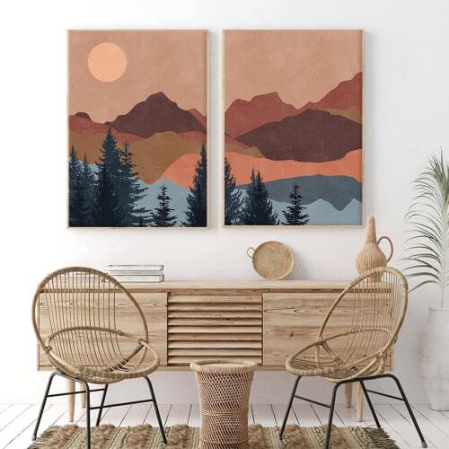 Sun Mountain Abstract Landscape Wall Art Canvas Print Painting Boho Poster Vintage Art Prints Wall Pictures Living Room Decor
