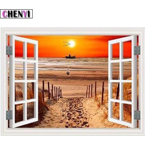 CHENYI 5D Diy Diamond Painting Sunset On The Sea Full Square Diamond Embroidery Cross Stitch Window Handcraft Mosaic Decor Gift