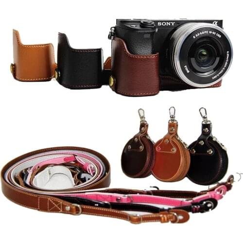 Genuine Leather Camera Bag Case For Sony A6000 A6300 A6400 Nex6 Professional Real Leather Half case With strap Open Battery